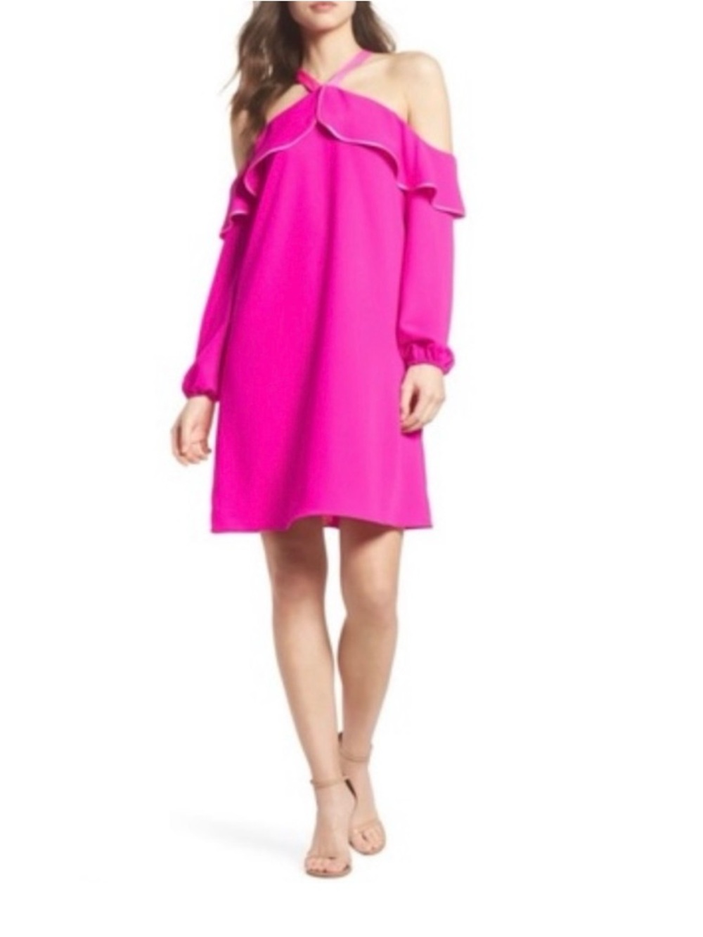 Lilly Pulitzer Pink Cold Shoulder Ruffle Long Sleeve Shift Abrielle Mini Dress